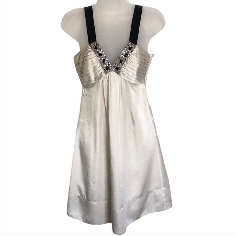BCBGMaxAzria Ivory Satin Dress with Black Straps and Embellished V-Neck - Picture 1 of 7